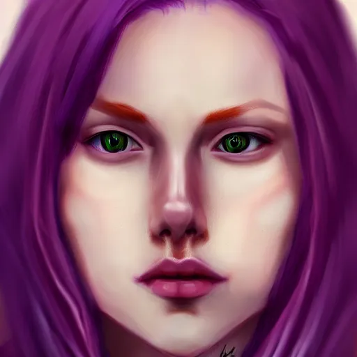 Image similar to woman with long ginger hair and purple eyes in semi realism style, trending on artstation