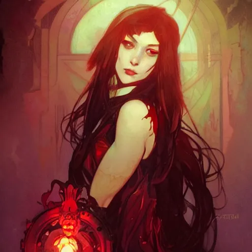 Image similar to digital character concept art by artgerm and greg rutkowski and alphonse mucha. clear portrait of vampire girl, blood dripping, light effect. hyper detailed, glowing lights!! intricate, elegant, digital painting, artstation, smooth, sharp focus