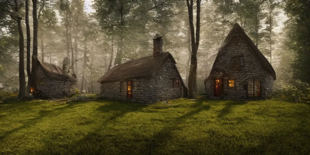 Image similar to a close up of a single cottage in the woods and empty woods, 8k, fantasy, realistic, atmospheric lighting