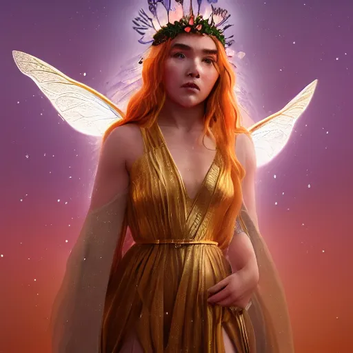 Image similar to florence pugh as the goddess of fairies!!!!!!, golden ratio!!!!!, centered, trending on artstation, 8 k quality, cgsociety contest winner, artstation hd, artstation hq, luminous lighting