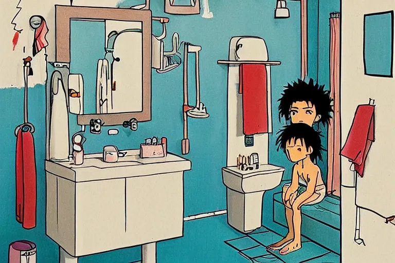 Image similar to modern bathroom, style of studio ghibli + moebius + basquiat, cute,