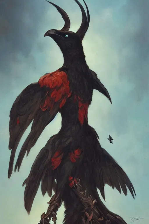 Image similar to Crow fursona by Peter Mohrbacher in the style of Gaston Bussière, Art Nouveau