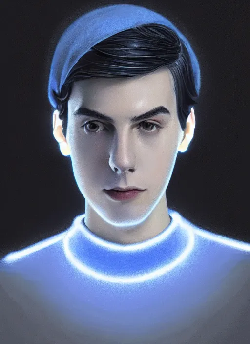 Image similar to portrait of teenage jughead jones wearing a light grey crown, crown, blue turtleneck, 1 9 5 0 s, closed eyes, photorealistic, black hair, glowing lighting, intricate, elegant, glowing lights, highly detailed, digital painting, artstation, concept art, smooth, sharp focus, illustration, art by wlop, mars ravelo and greg rutkowski