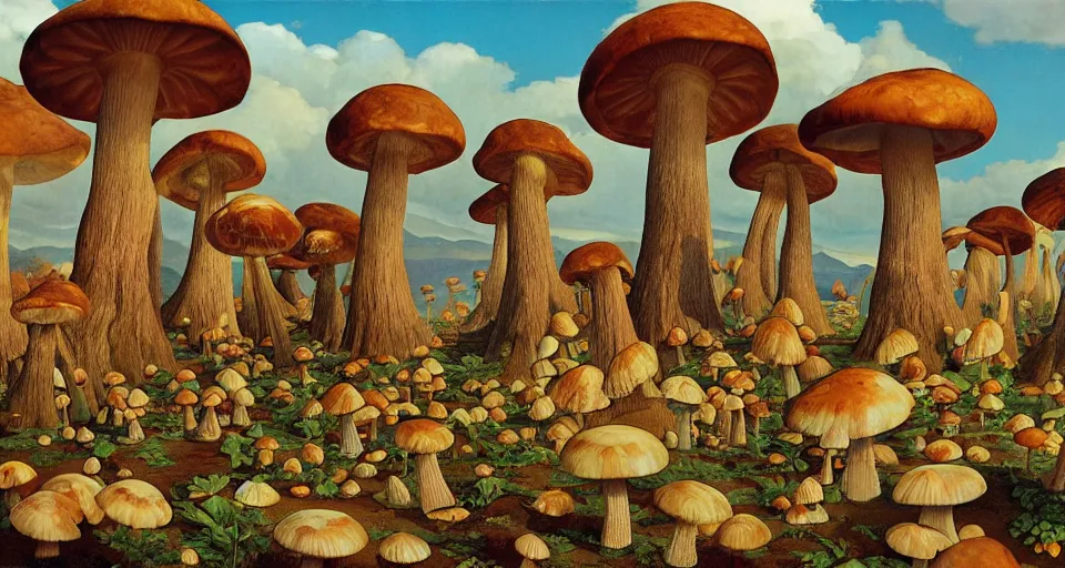 Image similar to A tribal village in a forest of giant mushrooms, by Thomas Blackshear