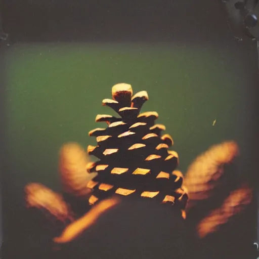 Image similar to polaroid photo of pine cone with human legs, bokeh