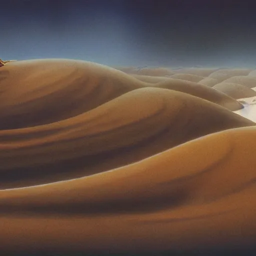 Image similar to Michael Whelan and Peter Andrew Jones art direct Dune (1984) hyper detailed complex intricate set, volumetric fog, photorealistic, still from a movie, studio lighting, 8k, hd