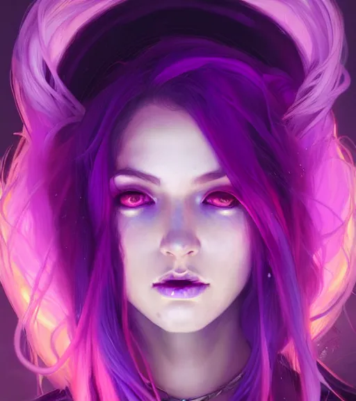 Prompt: stunningly beautiful female neon and purple hair, fantasy art, fae priestess, lush forest landscape, dark light night, goddess sharp focus, digital, painting, 8 k, concept art, art by wlop, artgerm, greg rutkowski and alphonse mucha