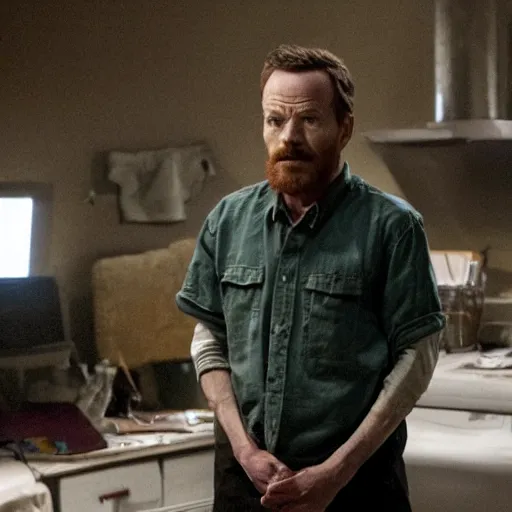 Image similar to Live Action Still of Bryan Cranston dressed as and playing Jesse Pinkman in Breaking Bad, real life, hyperrealistic, ultra realistic, realistic, highly detailed, epic, HD quality, 8k resolution, body and headshot, film still