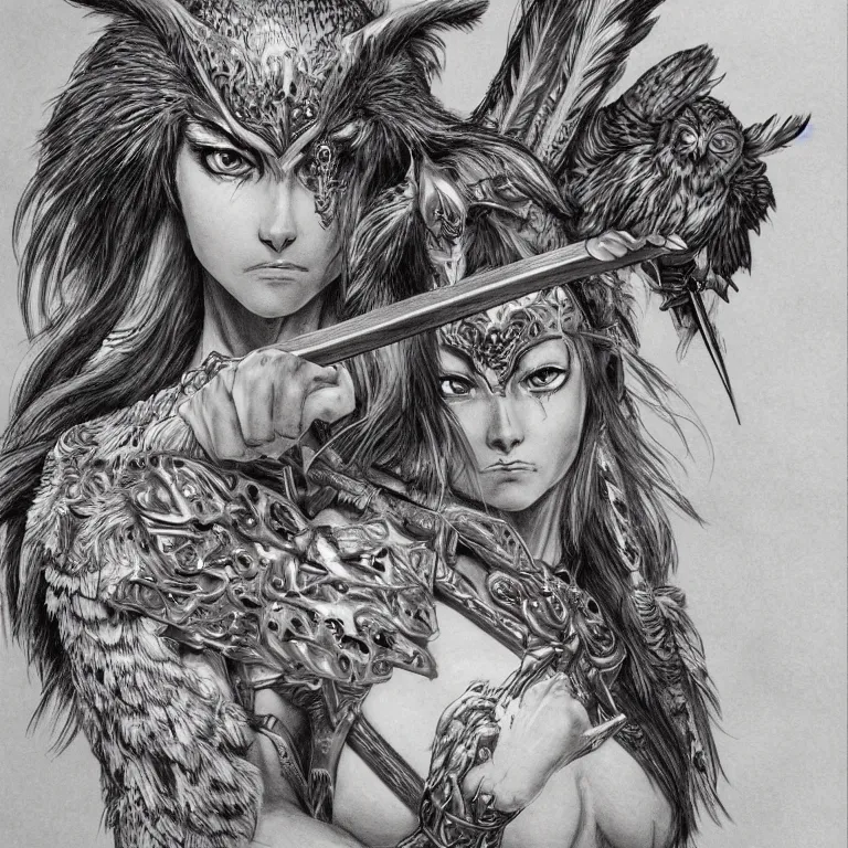 Image similar to muscular female owl warrior, realistic proportions, sharp focus, beautiful face, wearing feather armor, wielding an owl broadsword, symmetrical, highly detailed, engraving kentaro miura manga art style trending on artstation 8 k