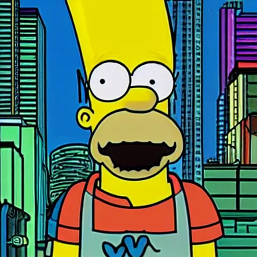 Image similar to homer simpson in a florescent stylized cyberpunk city