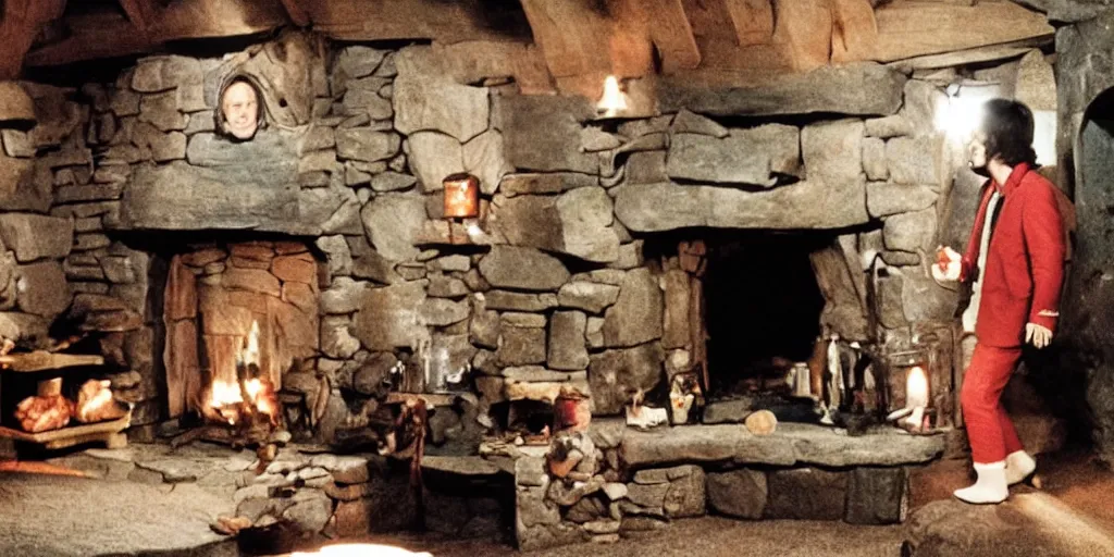 Prompt: A full color still of 30-year-old Paul McCartney, dressed as a hobbit inside his cozy house at night with light from a fireplace, directed by Stanley Kubrick, 35mm, 1970