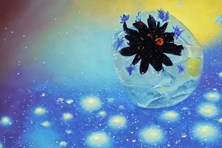 Image similar to hyperrealism oil painting, close - up ice cube with black flowers and fireflies, gradient mixed with nebula sky, in style of baroque