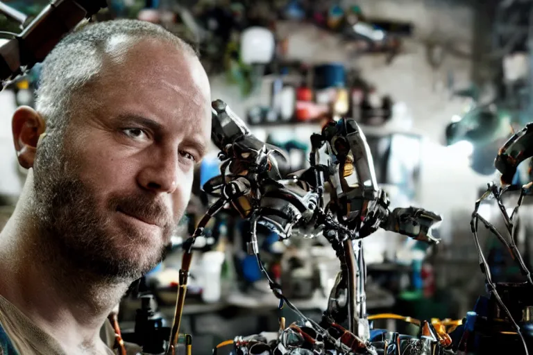 Image similar to cinematography closeup portrait of a Man soldering repairing robot parts in his garage by Neil blomkamp