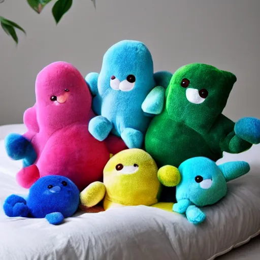 Image similar to bacteria plush, cute fluffy microorganisms covering a cozy bed, cloth worms