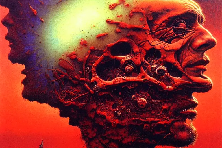 Prompt: head of a man falling apart, in the style of chris foss, in the style of beksinski, intricate and epic composition, red by caravaggio, insanely quality, highly detailed, masterpiece, purple light, artstation, 4 k