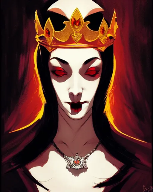 Image similar to beautiful vampire queen with crown, symmetrical face, evil, portrait, cinematic, dramatic, powerful, super detailed and intricate, by koson ohara, by darwyn cooke, by greg rutkowski, by satoshi kon