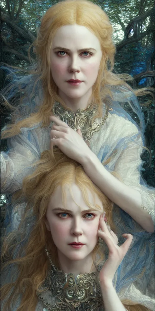 Prompt: lolita nicole kidman, beautiful fantasy maiden, dungeons and dragons, masterpiece by edgar maxence and ross tran and michael whelan, gustav dore, 8 k, octane render