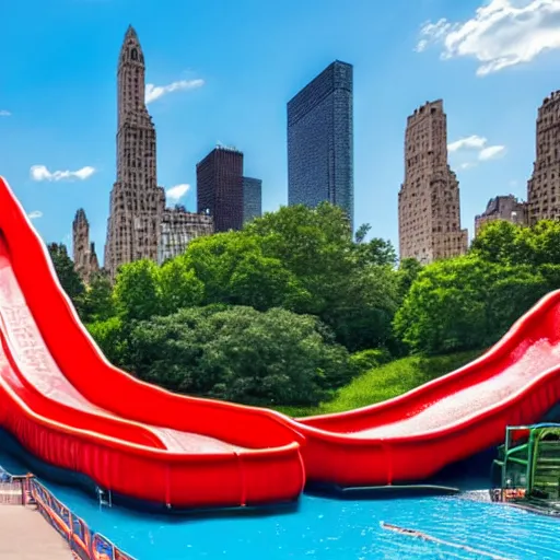 Image similar to photo of a large water park with numerous slides and water rides inside of central park. the new york city skyline is shown in the background.