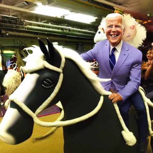 Prompt: joe biden riding a unicorn on rainbow.