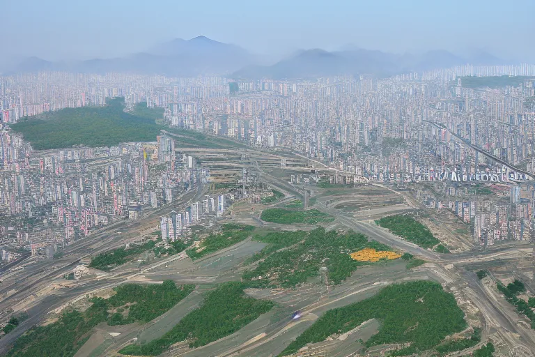 Image similar to Pyongyang if it was a South Korean city, highly detailed, street view