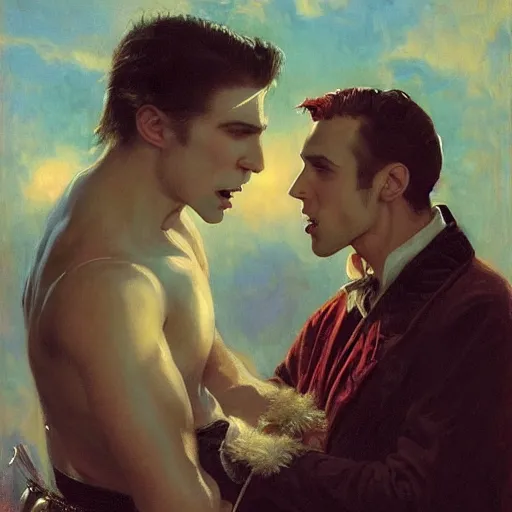 Image similar to attractive male, arthur pendragon confesses his love to attractive male dracula the vampire. highly detailed painting by gaston bussiere, craig mullins, j. c. leyendecker 8 k