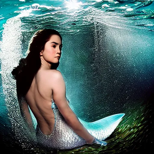 Prompt: marian rivera as mermaid breaking the surface of the water, underwater photography with light scattering and water refractions, smooth