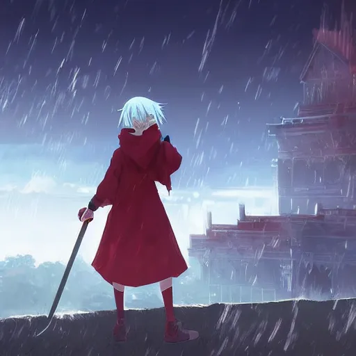 Image similar to advanced digital anime art, white haired girl with a red hooded cloak holding a 5 feet scythe fighting the Grimm reaper in a ruined city, filmic lighting , by Makoto Shinkai. —W 1920 —H 1080