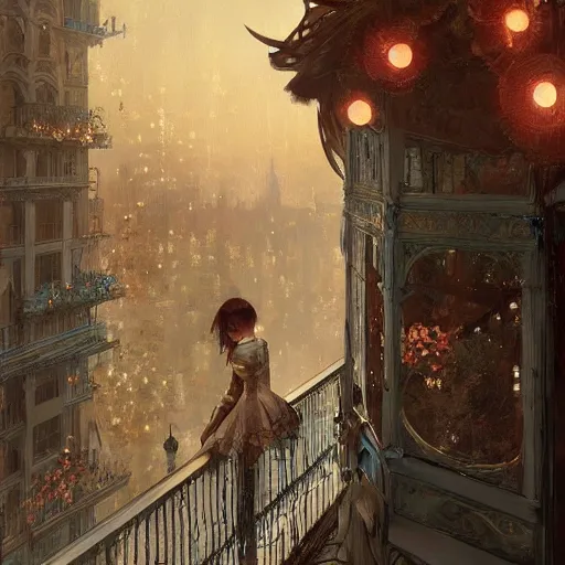 Image similar to a beautiful realistic painting of a firework festival on a balcony at night, intricate, elegant, highly detailed, digital painting, artstation, nier automata concept artsyle, by krenzcushart, artem demura, makoto shinkai, alphonse mucha