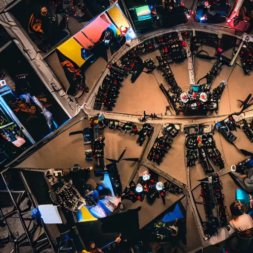 Image similar to an intricate drone photograph of a lan party, ultra wide lens, aerial photography,