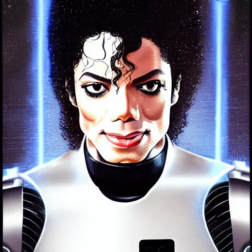 Image similar to photo of michael jackson wearing robot suit with wires and light, highly detailed, photorealistic, artstation, smooth