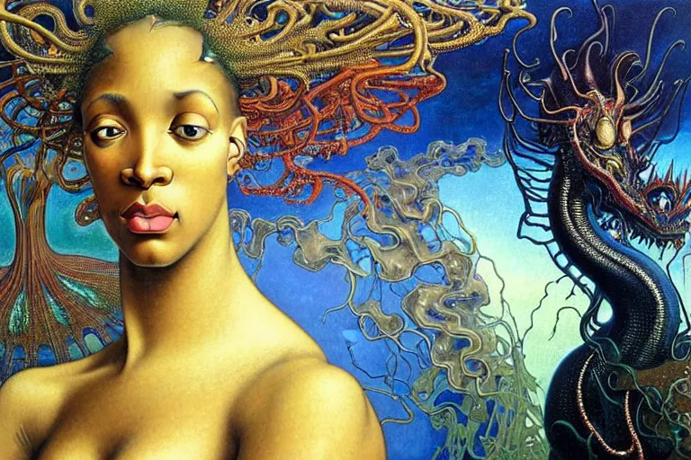 Image similar to realistic extremely detailed closeup portrait painting of a beautiful black woman wearing futuristic dress, dystopian landscape with a mutant dragon on background by Jean Delville, Amano, Yves Tanguy, Alphonse Mucha, Ernst Haeckel, Edward Robert Hughes, Roger Dean, rich moody colours