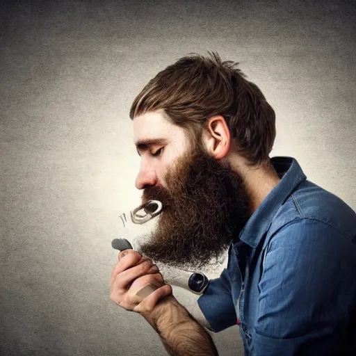 Prompt: bearded man building something, profile, HD, dramatic, surrealism