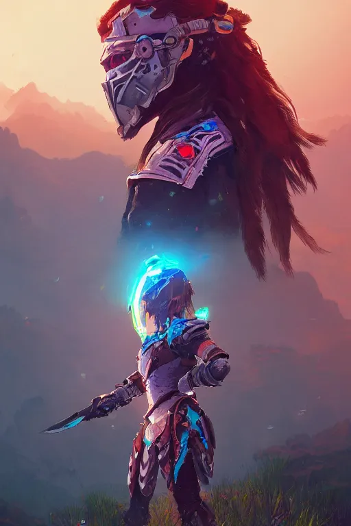 Image similar to combination suit armor aloy horizon forbidden west horizon zero dawn radiating a glowing aura global illumination ray tracing hdr fanart arstation by ian pesty and alena aenami artworks in 4 k tribal robot ninja mask helmet backpack