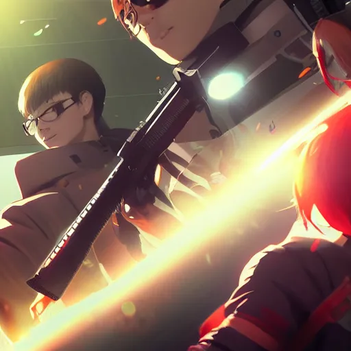 Image similar to neo fighting security. Epic keyframe. Ilya Kuvshinov, rossdraws.