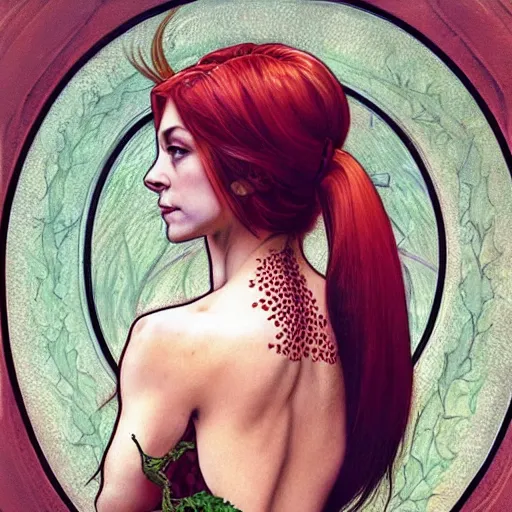 Image similar to a stunningly detailed illuminated manuscript of a beautiful alyson hannigan dressed as poison ivy with white skin and with hair pulled up in a ponytail, dark eyeliner, intricate, elegant, highly detailed, digital painting, artstation, concept art, sharp focus, illustration, art by greg rutkowski and alphonse mucha