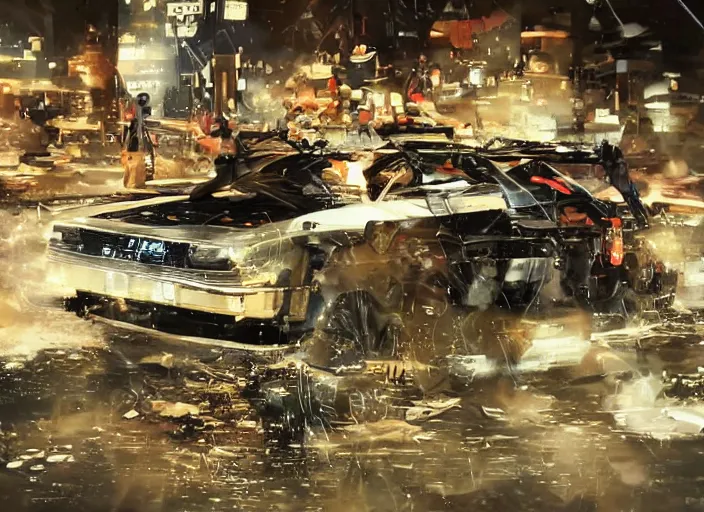 Image similar to a cyberpunk delorean breaking the space - time continuum, energy and time particles, dramatic framing, movie footage, 8 k