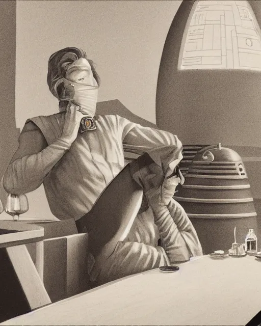 Image similar to rhett sarlin sitting at a table in a cantina on tatooine, portrait by ralph mcquarrie