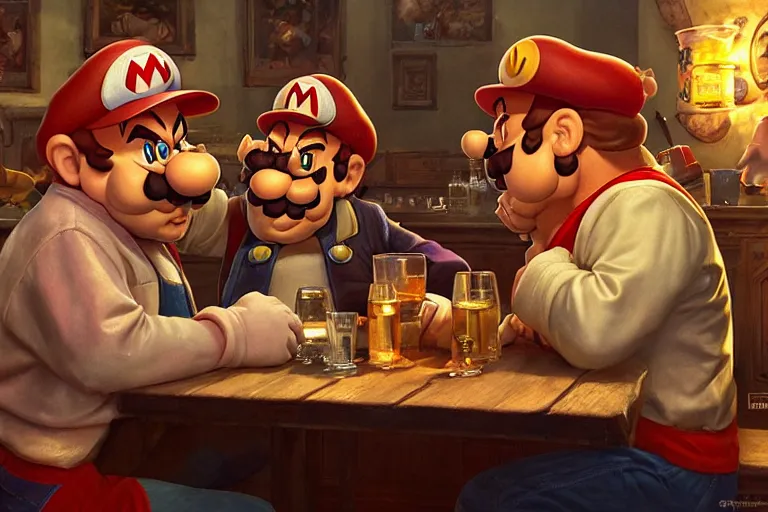 Prompt: mario and wario are best friends and drunk in a bar, highly detailed painting by unreal engine 5 and carravagio, leyendecker, craig mullins, nice lighting, smooth tiny details, soft and clear shadows, low contrast, perfect