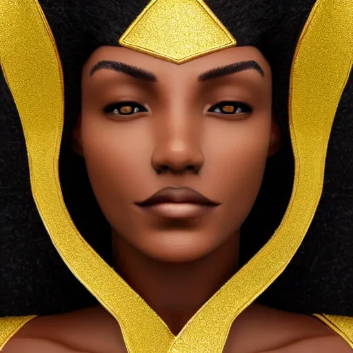 Prompt: Tall brown-skin elf woman, in elegant black and gold textured robes. Symmetrical facial features. Naturally proportioned body. 8k Intricate detail. Mid body shot. Mystical. Photorealism. Golden ratio. Octane rendering,