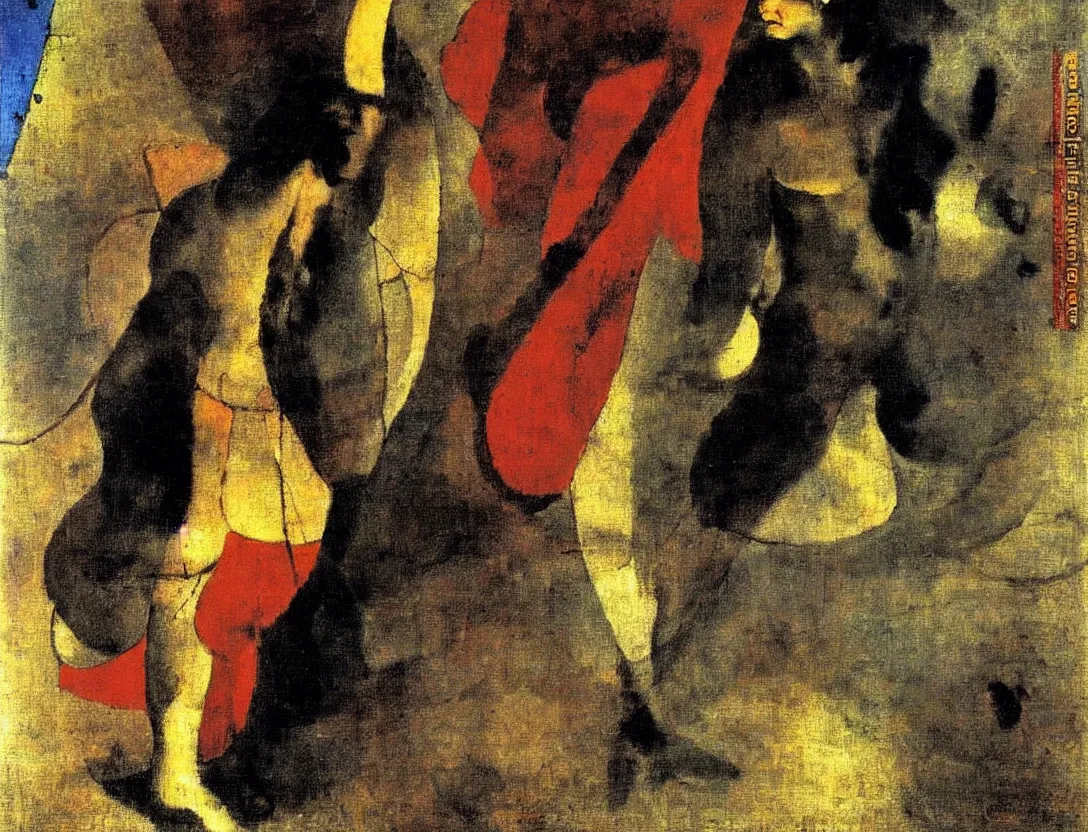 Image similar to a multiracial greek god following a watchful light through the streets of a city, sparse detail, by george luks, joan miro and moebius