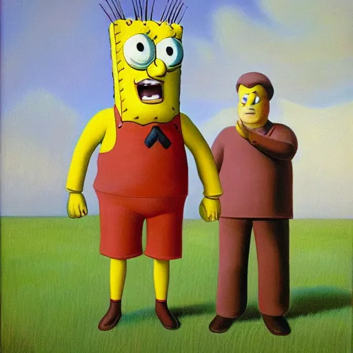 Image similar to a grant wood painting of the spongebob and patrick, oil on canvas, art