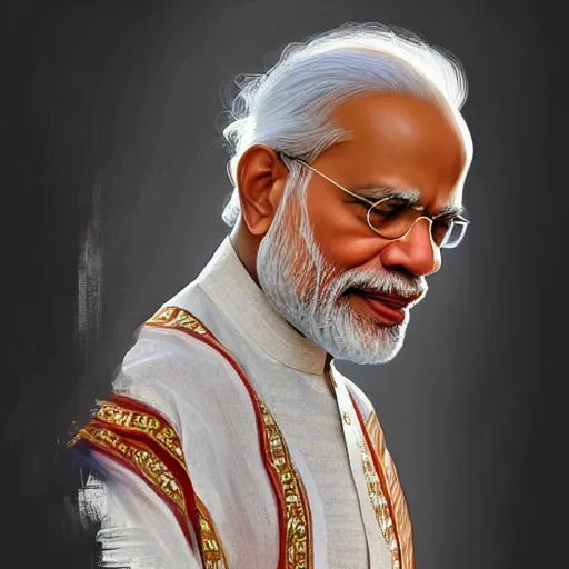 Prompt: beautiful natural narendra modi wearing assamese male bihu dress, intricate, elegant, highly detailed, digital painting, artstation, concept art, smooth, sharp focus, illustration, art by artgerm and greg rutkowski and alphonse mucha and loish and WLOP