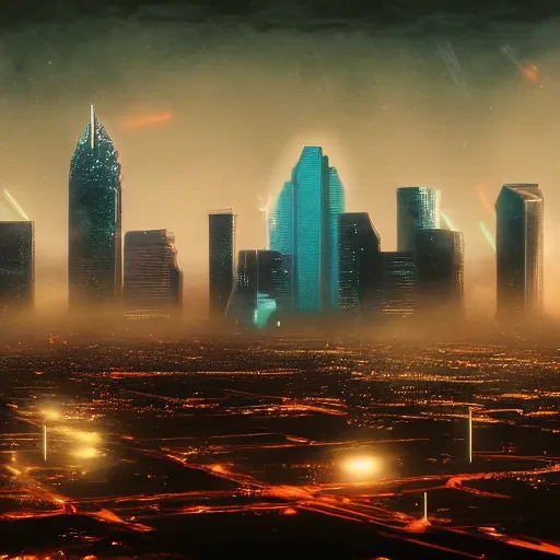 Image similar to bladerunner style dallas skyline picture, beksinski and cyberpunk 2 0 7 7 style