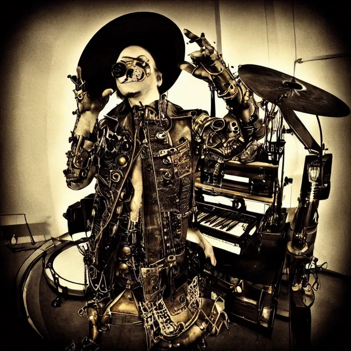 Image similar to “Steampunk Cyborg Rock Singer with 4 hands playing keyboard and drums. Minimalistic. Smooth, cinematic lighting. Fisheye lens. Old torn photograph. ”
