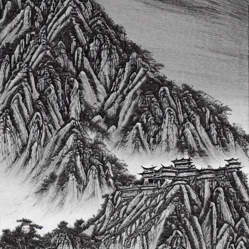 Image similar to ancient chinese fortress in the mountains of xi\'an, desert environment, mountainous gobi desert historic woodcut-styled artwork from ancient china hyperdetailed, artstation trending, world renowned artists, worth1000.com, historic artworks society, antique renewel, cgsociety, by greg rutkowski, by Gustave Dore, Deviantart