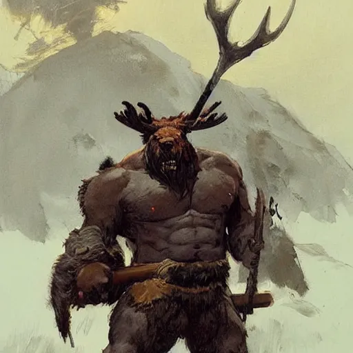 Prompt: hairy barbarian with moose head by greg rutkowski by frank frazetta