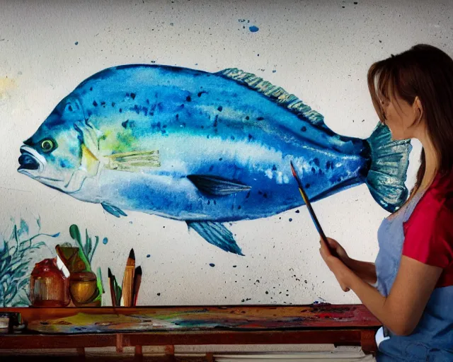 Image similar to an innocent and beautiful scene in hyper realistic style, watercolor and pen oily drawing on wood, of a smadar lomnitz painting a huge colorful fish on the wall, lighting from the barred window. shadows. 4 k. wide angle. wild mood. red mouth, blue eyes. deep focus, lovely scene. ambient occlusion render. unreal engine.