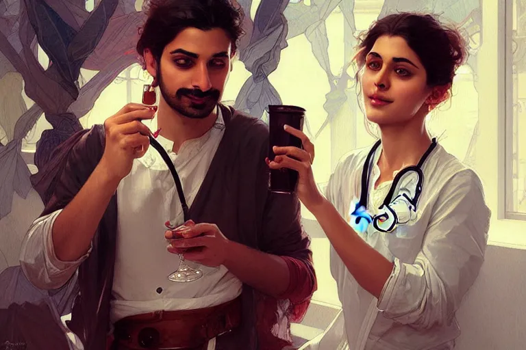 Image similar to Anxious good looking pale young Indian doctors drinking, portrait, elegant, intricate, digital painting, artstation, concept art, smooth, sharp focus, illustration, art by artgerm and greg rutkowski and alphonse mucha