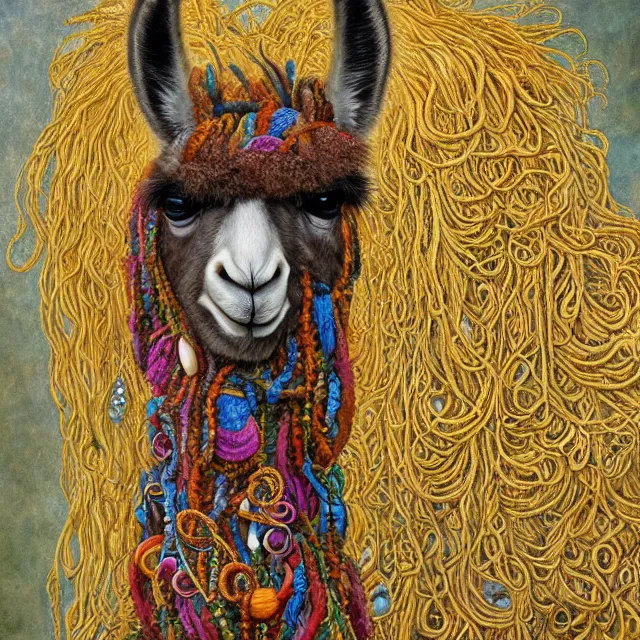 Image similar to llama with dreadlocks, by mandy jurgens, ernst haeckel, james jean. in the style of gustav klimt