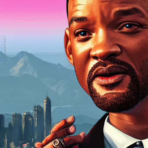 Image similar to Will Smith as Grand Theft Auto V cover art, hyperdetailed, artstation, cgsociety, 8k